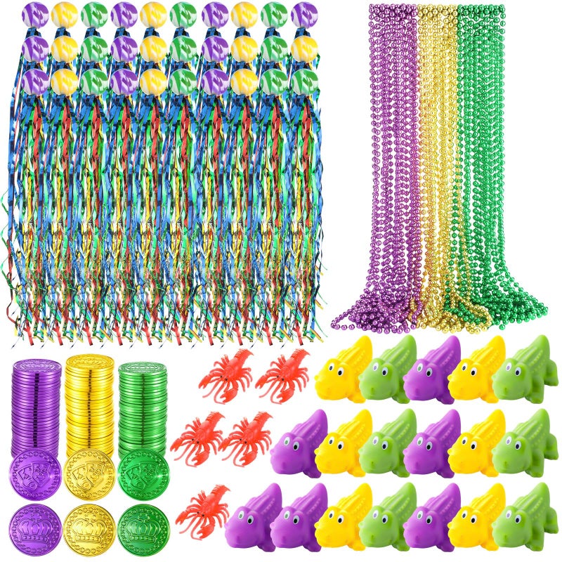 PullCrease 200 Pcs Mardi Gras Parade Throw Bulk Mardi Gras Purple Green Gold Beads Necklaces Plastic Coins Bouncy Balls Alligator Party Favors for Carnival St Patrick Day Celebrations - Image 1