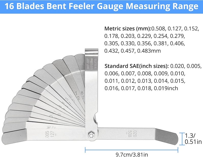 CAMWAY Feeler Gauge Set, Stainless Steel Metric/Inch 32-Piece Tapered Feeler Gauge and 16-Piece Bent Feeler Gauge 45º Blades Offset for Measuring Gap Width/Thickness Measuring Tools - Image 3