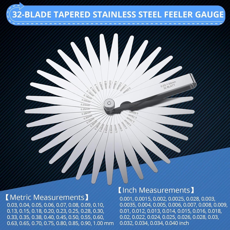 CAMWAY Feeler Gauge Set, Stainless Steel Metric/Inch 32-Piece Tapered Feeler Gauge and 16-Piece Bent Feeler Gauge 45º Blades Offset for Measuring Gap Width/Thickness Measuring Tools - Image 2