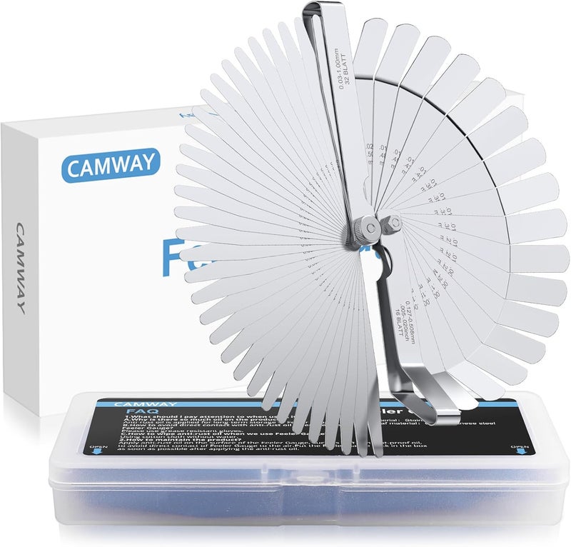 CAMWAY Feeler Gauge Set, Stainless Steel Metric/Inch 32-Piece Tapered Feeler Gauge and 16-Piece Bent Feeler Gauge 45º Blades Offset for Measuring Gap Width/Thickness Measuring Tools - Image 1