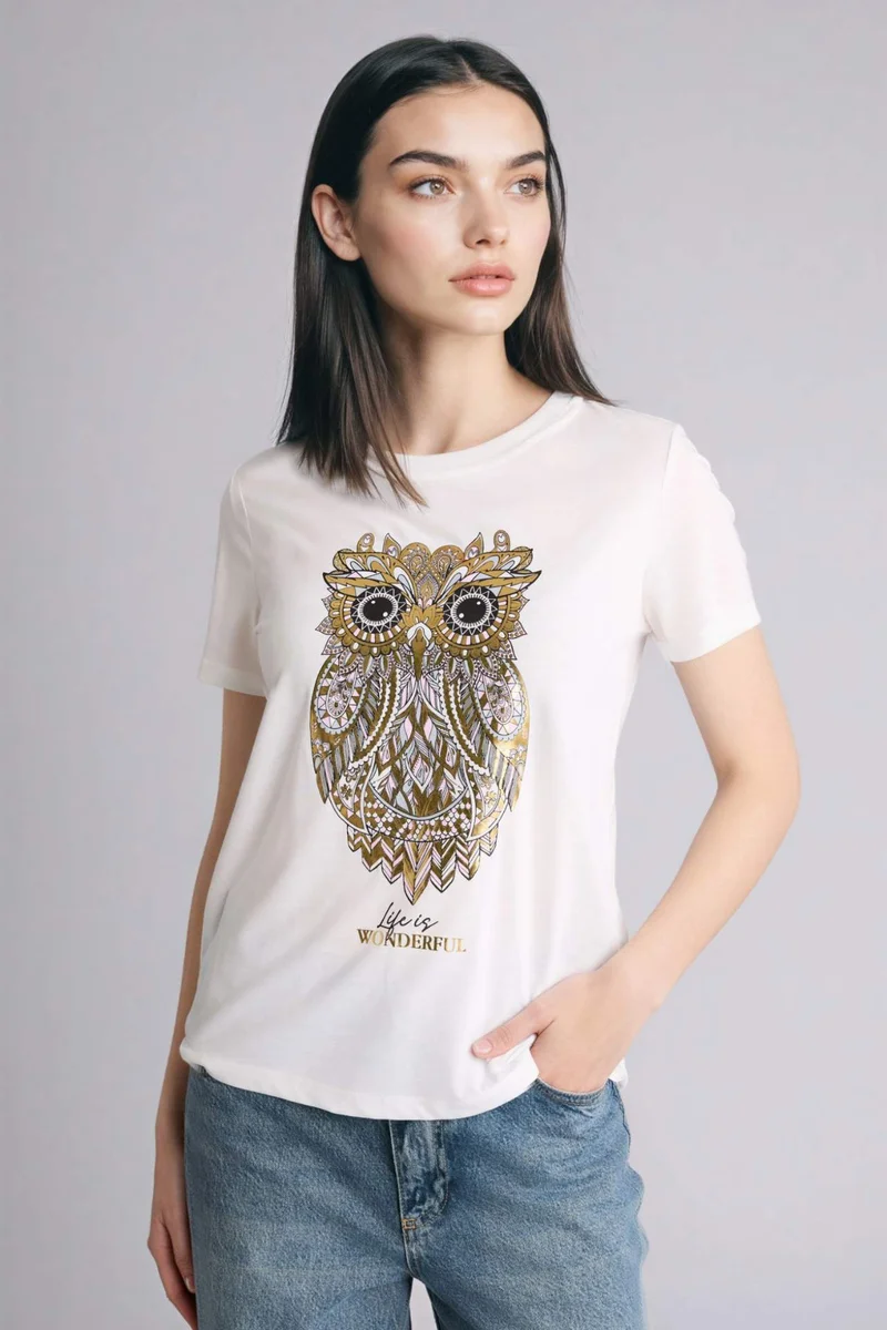 ديفاكتو Regular Fit Crew Neck Owl Pattern Short Sleeve T-Shirt
