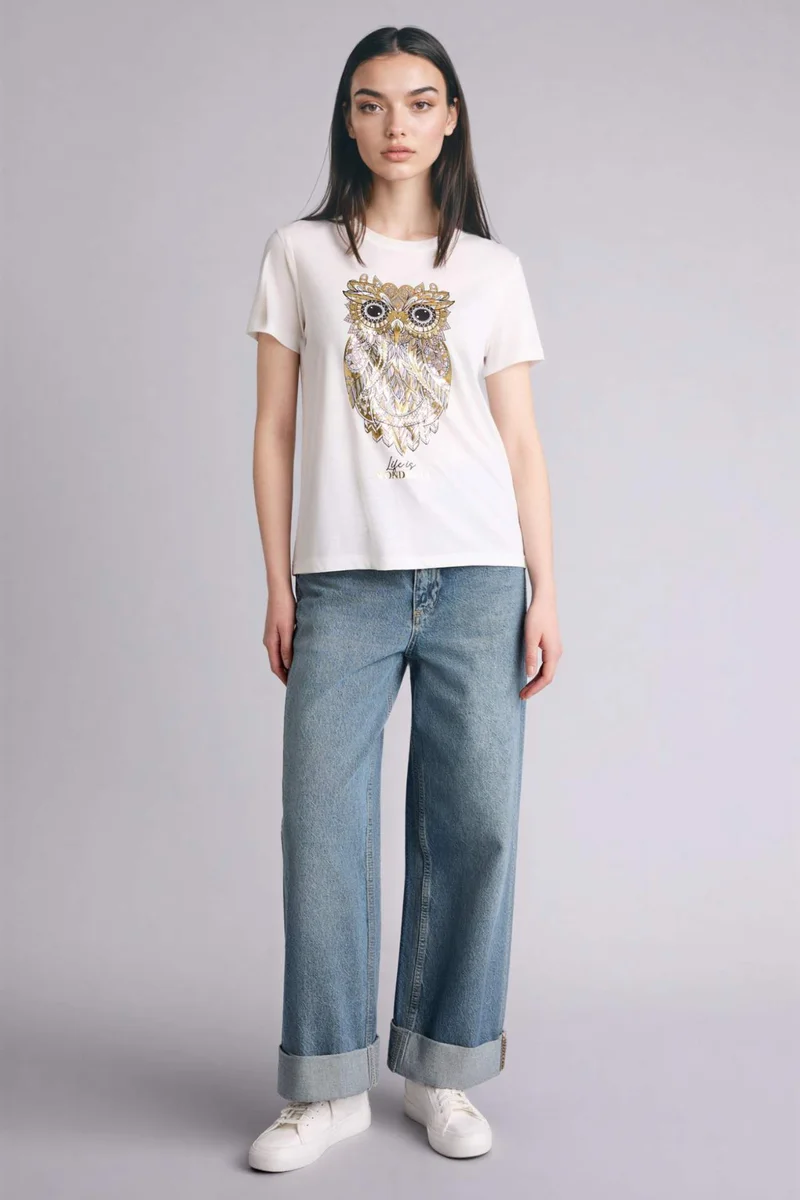 ديفاكتو Regular Fit Crew Neck Owl Pattern Short Sleeve T-Shirt