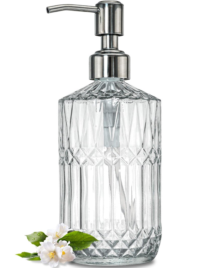 JASAI 18 Oz Embossed Clear Glass Soap Dispenser with Rust Proof Pump, Refillable Dish soap Dispenser for Kitchen, Premium Bathroom Soap Dispenser for Hand soap, Lotion (Clear). - Image 1