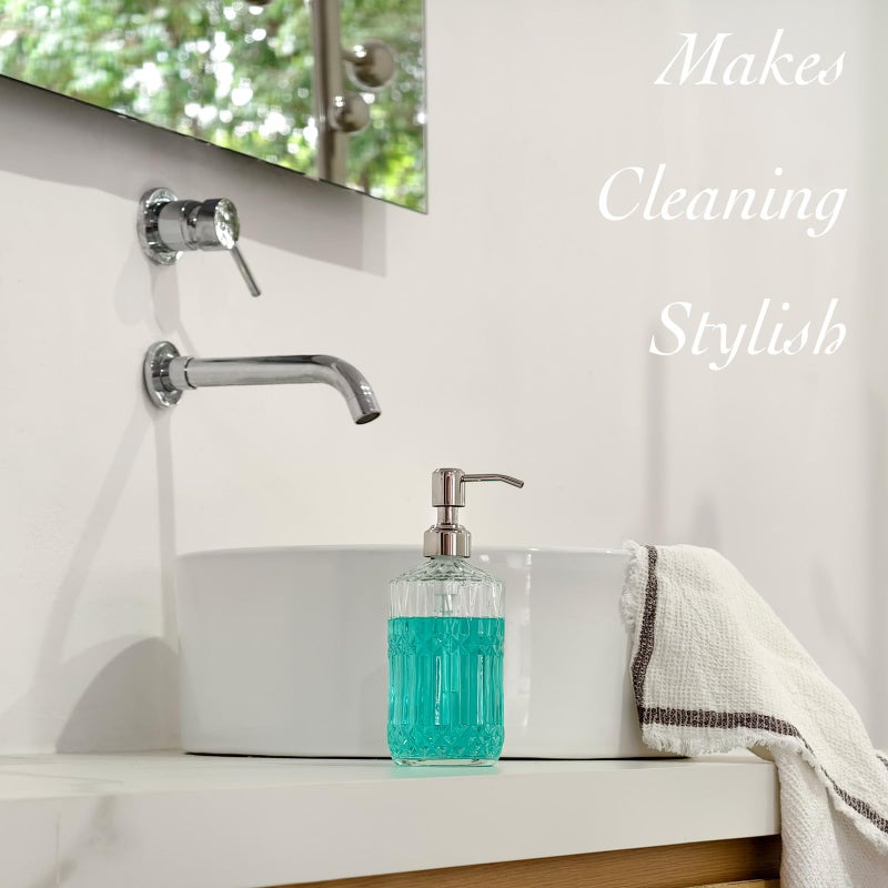 JASAI 18 Oz Embossed Clear Glass Soap Dispenser with Rust Proof Pump, Refillable Dish soap Dispenser for Kitchen, Premium Bathroom Soap Dispenser for Hand soap, Lotion (Clear). - Image 3