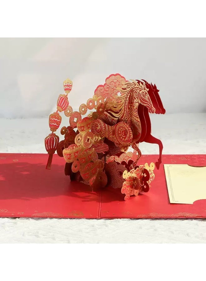 Fuwddy 2026 Year of The Horse Cards Happy Chinese New Year Card 3D Pop Up Card Horse Year Greeting Card with Envelope Chinese Lunar New Year Card - Image 2