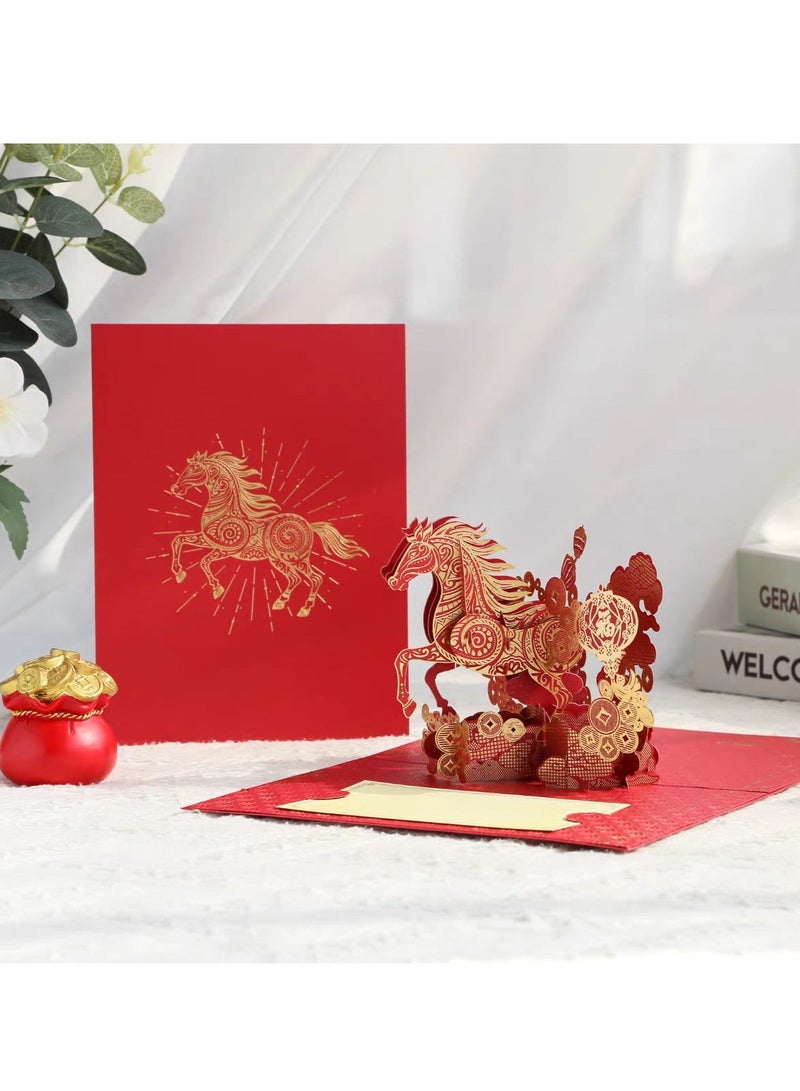 Fuwddy 2026 Year of The Horse Cards Happy Chinese New Year Card 3D Pop Up Card Horse Year Greeting Card with Envelope Chinese Lunar New Year Card - Image 1