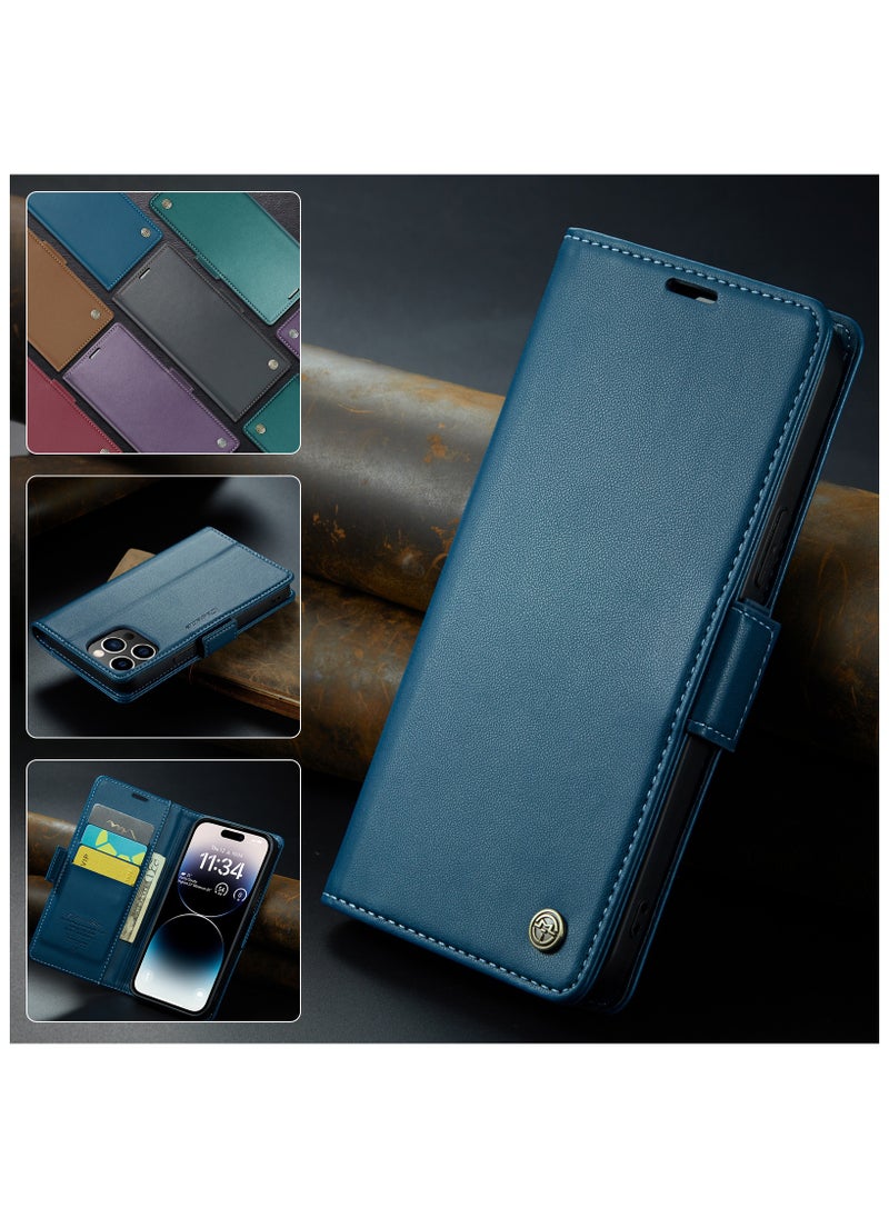 Generic - Phone Case for iPhone 15 Pro Max Anti-scratch Leather Kickstand Card Slot Money Pocket Blue - Image 1