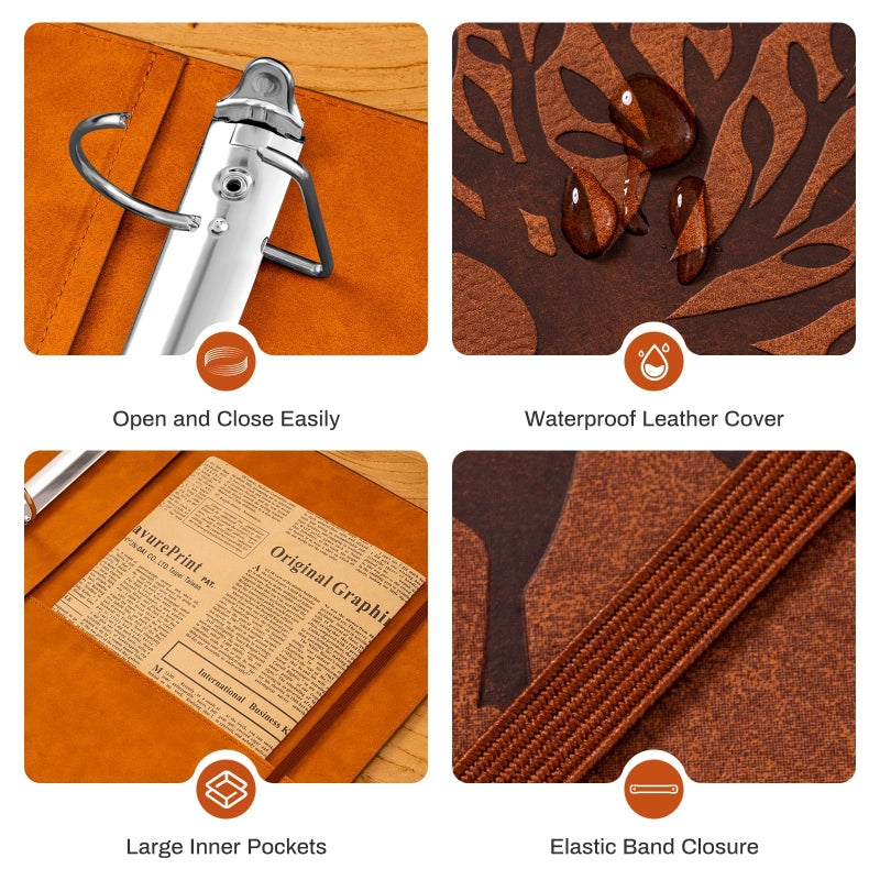 Ovesmusl Leather D Ring Binder Fits 8.5"x11" Letter Size Paper, 2 Inch D Ring Binders Holds 550 Sheets, Notepad Paper Cover Loose Leaf Organizer with Inner Pockets, Brown Tree - Image 5