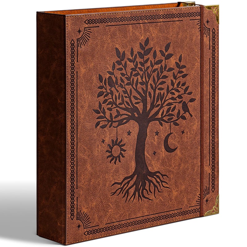 Ovesmusl Leather D Ring Binder Fits 8.5"x11" Letter Size Paper, 2 Inch D Ring Binders Holds 550 Sheets, Notepad Paper Cover Loose Leaf Organizer with Inner Pockets, Brown Tree - Image 1