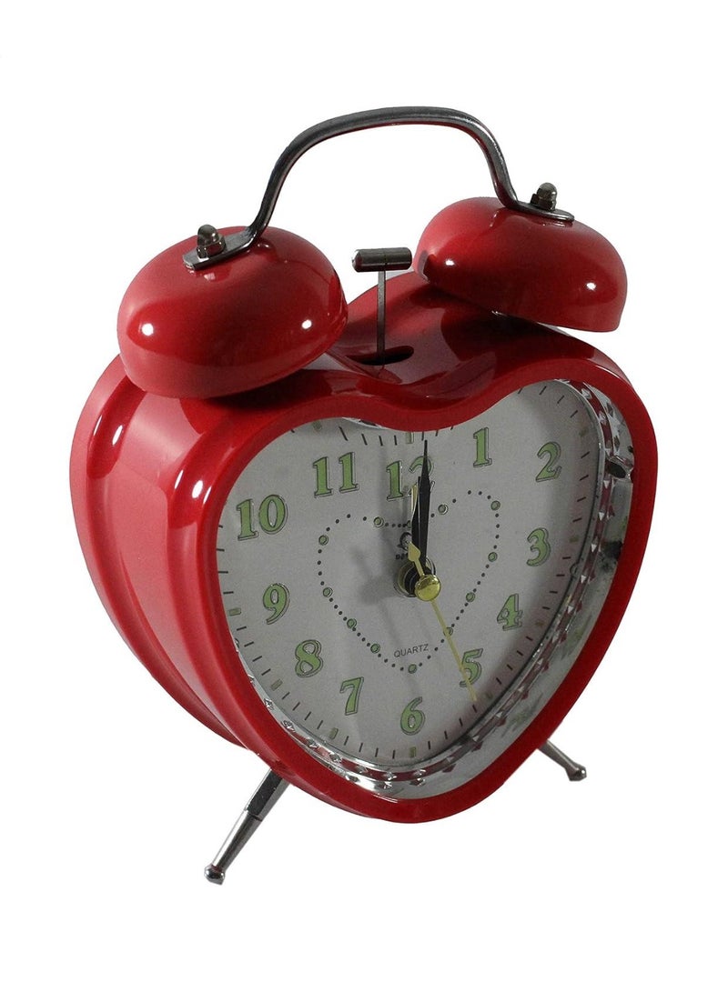 Clock With 2 Complete Azan Bells And A Hammer Bell, Red, Heart-shaped, With A Light Button To See The Time In The Dark, Made Of Metal, Size 18 X 13 Cm