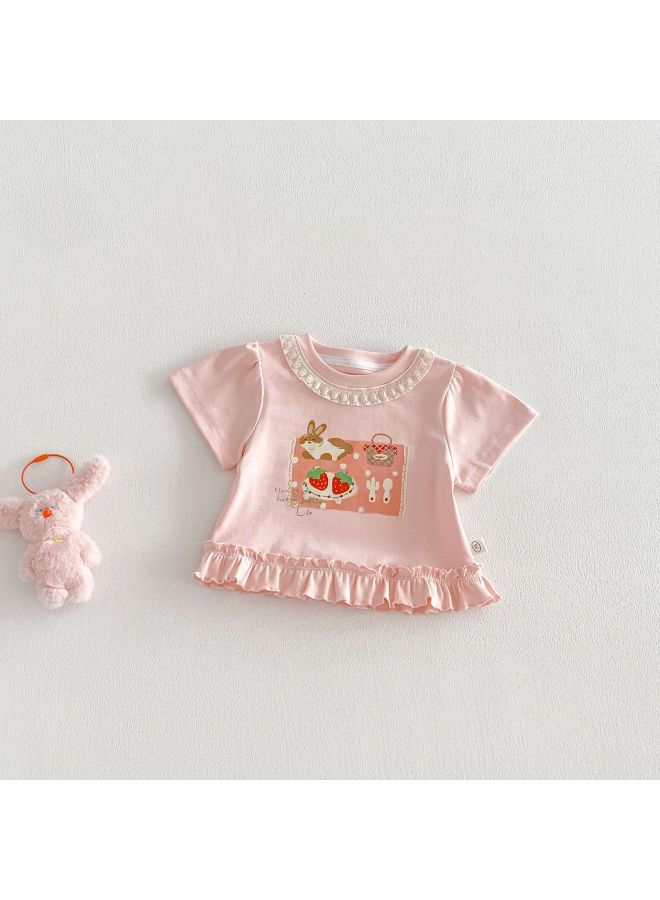 Girl's Cartoon T-shirt 2026 New Spring Baby Korean Style Little Rabbit Print Lingerie Blouse Children's Lace Top Trendy