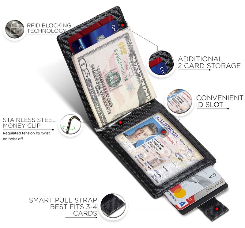 SERMAN BRANDS محفظة سERMAN BRANDS RFID المضادة للتداخل نحيفة ثنائية الطي من الجلد الأصلي للمحفظة الأمامية للرجال مع مشبك نقود رفيع (أسود حديث 1.0) - Image 4