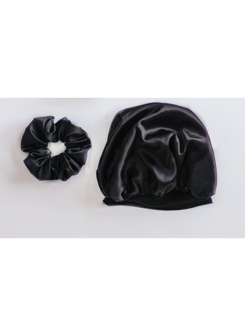 Pistore Black Satin Bonnet, Light Brown Pillow and Buckle Set for Curly Hair 
