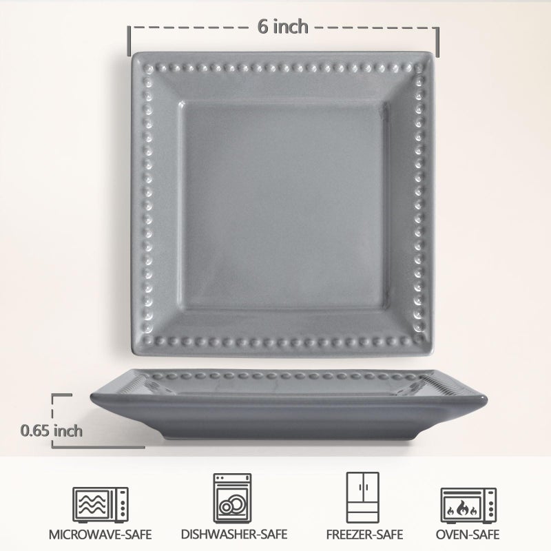 Wareland Wareland Ceramic Dessert Plates, Embossed Appetizer Plates, Salad Plates Set of 4, 6 inch Grey Square Dinner Plates for Snack, Small Flat Kitchen Plates for Restaurant, Dishwasher Microwave Oven Safe  - Image 2