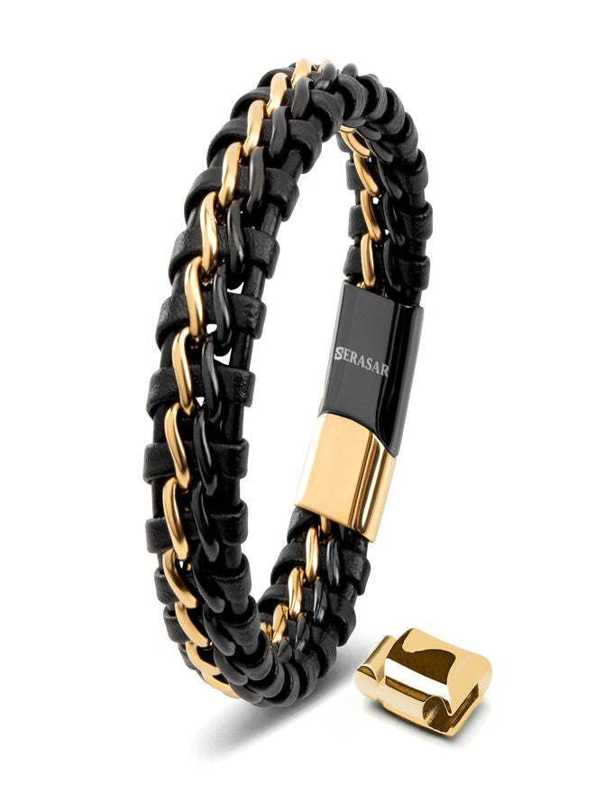 SERASAR Mens Jewellery 23cm Gold Bracelet Men Gift Box Genuine Leather Cowhide Braided Adjust Able Magnetic Clasp Multi Layer Wrap Rope Man Mans Male Boy Boys Band Jewelry Magnet Accessories - Image 1