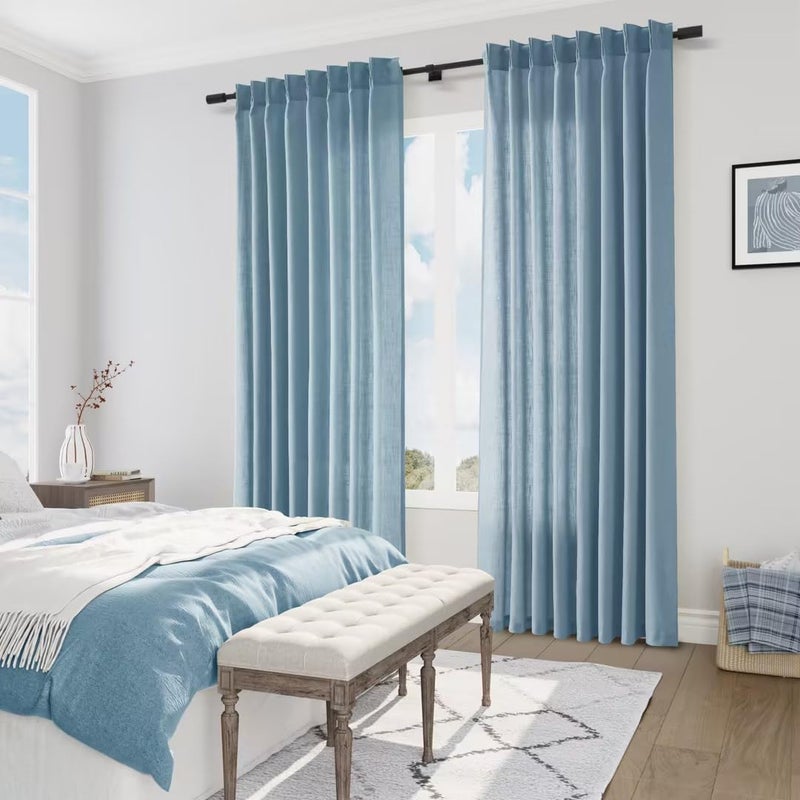Joywell Linen Blend Pinch Pleated Curtains 90 Inch Long Back Tab Clip Rings Semi Sheer Light Filtering Window Drapes Soft Lightweight with Hooks for Bedroom Living Room W50 x L90 Blue 2 Panels Set - Image 4