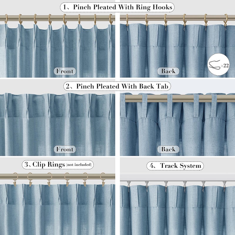 Joywell Linen Blend Pinch Pleated Curtains 90 Inch Long Back Tab Clip Rings Semi Sheer Light Filtering Window Drapes Soft Lightweight with Hooks for Bedroom Living Room W50 x L90 Blue 2 Panels Set - Image 2