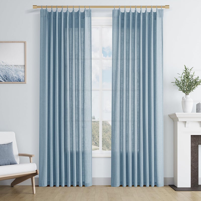 Joywell Linen Blend Pinch Pleated Curtains 90 Inch Long Back Tab Clip Rings Semi Sheer Light Filtering Window Drapes Soft Lightweight with Hooks for Bedroom Living Room W50 x L90 Blue 2 Panels Set - Image 1