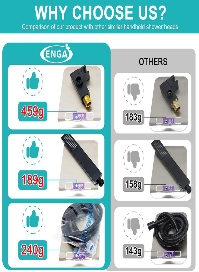 ENGA Square Matte Black Solid Brass Eco-Performance Hand Held Shower Head with Wall Connector and Hose Wall Mount Handheld Showerheads Set - Image 2