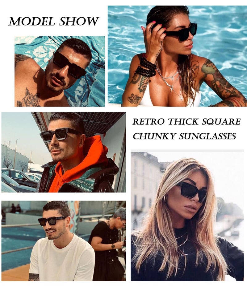 EYLRIM Thick Square Frame Sunglasses for Women Men Fashion Chunky Rectangle Sun Glasses Black Shades(14 Black/Champagne) - Image 2
