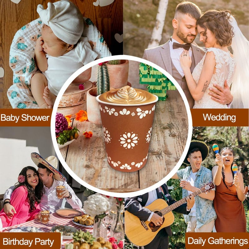 FUYUWIIN 100 Pcs Cielito Lindo Copas De Barro Mexicanas Paper Cups Terracotta Flower Disposable Coffee Cups Mexican Dinnerware for Baby Shower Birthday Wedding Party Supplies - Image 3