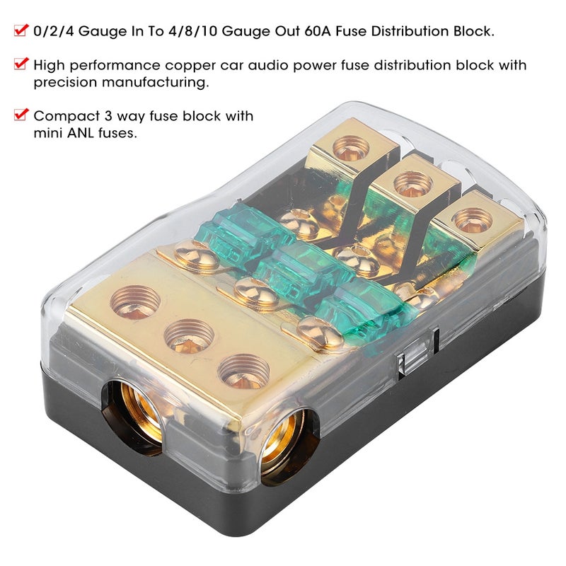 0/2/4 Gauge In To 4/8/10 Gauge Out 60A 3 Way Mini ANL Fuse Holder Distribution Block for Auto Audio System - Image 5