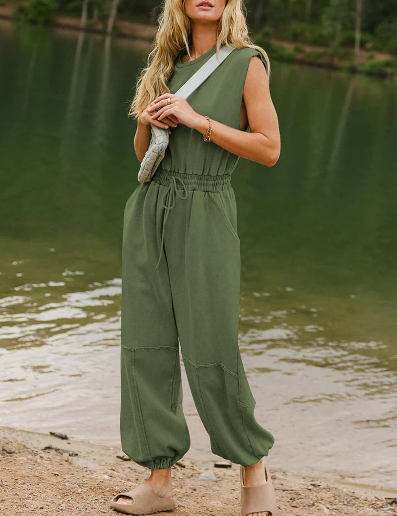 Flygo Womens Casual Jumpsuit Crewneck Cap Sleeve Long Wide Leg Pants One Piece Outfits Drawstring Romper with Pockets(ArmyGreen-M) - Image 2