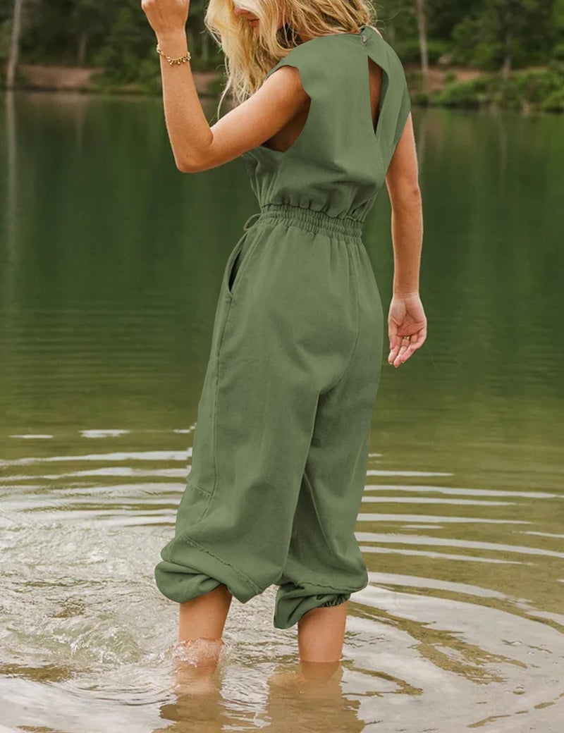 Flygo Womens Casual Jumpsuit Crewneck Cap Sleeve Long Wide Leg Pants One Piece Outfits Drawstring Romper with Pockets(ArmyGreen-M) - Image 4