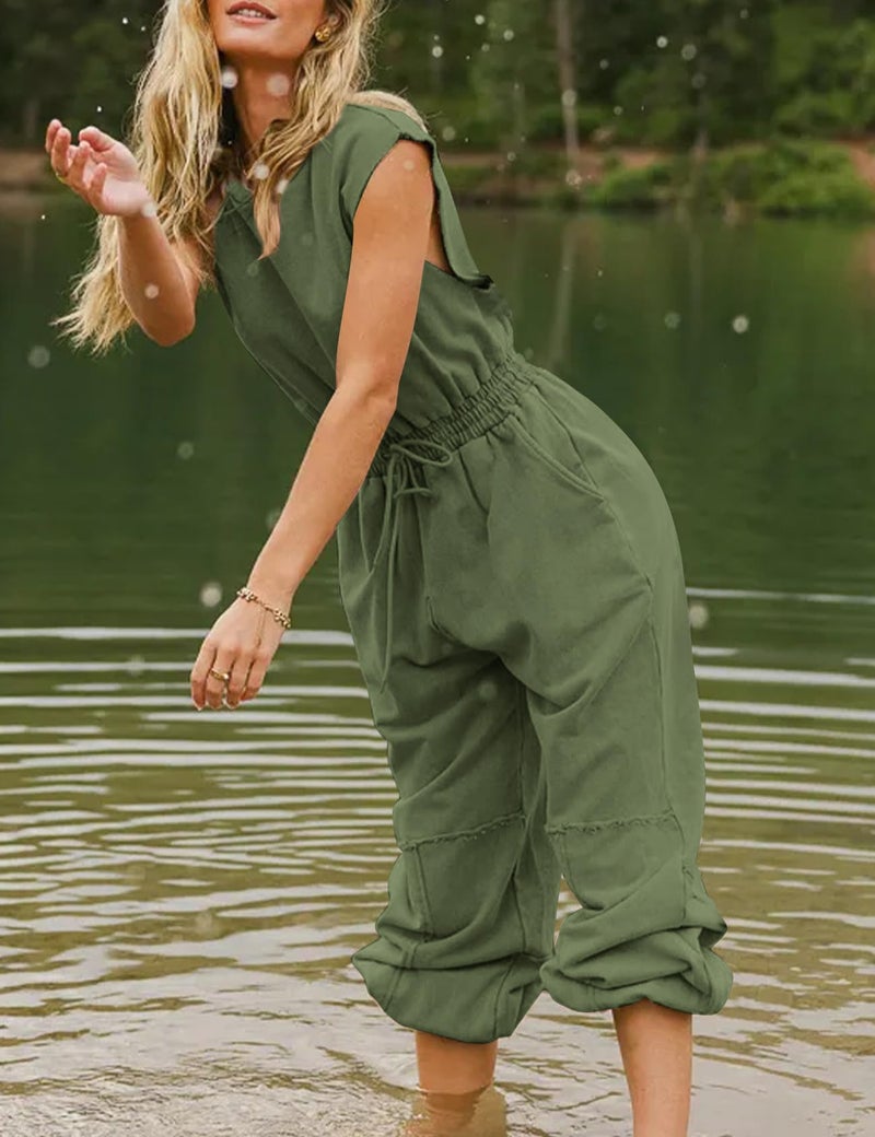 Flygo Womens Casual Jumpsuit Crewneck Cap Sleeve Long Wide Leg Pants One Piece Outfits Drawstring Romper with Pockets(ArmyGreen-M) - Image 5