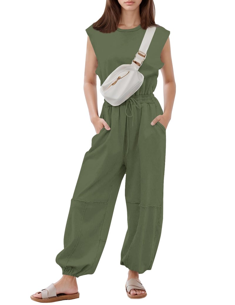 Flygo Womens Casual Jumpsuit Crewneck Cap Sleeve Long Wide Leg Pants One Piece Outfits Drawstring Romper with Pockets(ArmyGreen-M) - Image 1