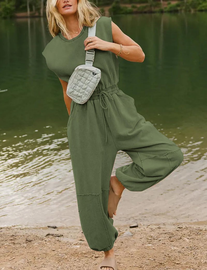 Flygo Womens Casual Jumpsuit Crewneck Cap Sleeve Long Wide Leg Pants One Piece Outfits Drawstring Romper with Pockets(ArmyGreen-M) - Image 3