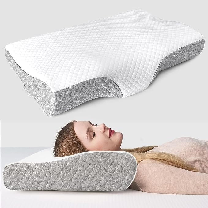 CHERRYLAND Memory Foam Pillow Contour Cervical Orthopedic Supports Neck Pain and Shoulder Pain for Sleeping, Ergonomic Cervical Pillow Neck Support Pillow for Side Back (Curv-Grey) - Image 1