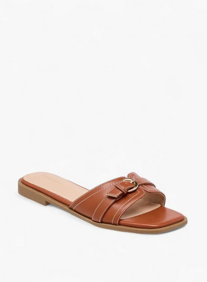 Flora Bella By Shoexpress TAN Flora Bella Buckle Accent Slip-On Flat Sandals for Women | Best Price UAE