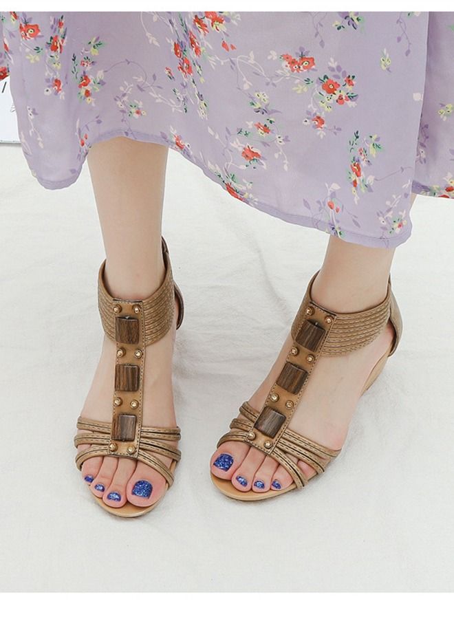 Loquat Back Zip Round Toe Wedge Sandals 5CM Brown  - Image 3