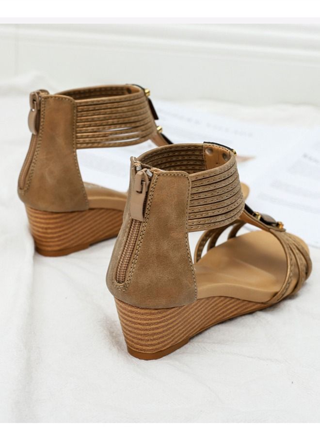 Loquat Back Zip Round Toe Wedge Sandals 5CM Brown  - Image 2