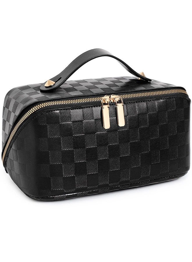 Sharpdo Capacity Travel Cosmetic Bag Plaid Checkered Makeup Bag Portable Leather Waterproof Skincare Bag with Handle and Divider for Women - Image 1