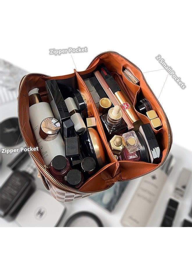 Sharpdo Capacity Travel Cosmetic Bag Plaid Checkered Makeup Bag Portable Leather Waterproof Skincare Bag with Handle and Divider for Women - Image 2