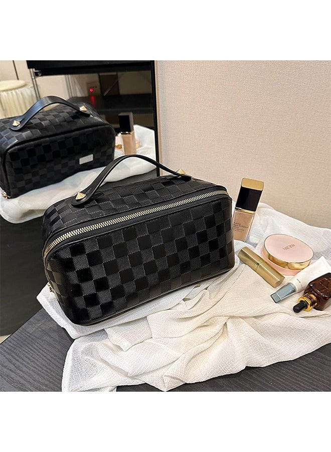 Sharpdo Capacity Travel Cosmetic Bag Plaid Checkered Makeup Bag Portable Leather Waterproof Skincare Bag with Handle and Divider for Women - Image 3