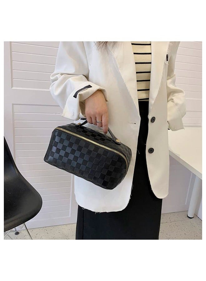 Sharpdo Capacity Travel Cosmetic Bag Plaid Checkered Makeup Bag Portable Leather Waterproof Skincare Bag with Handle and Divider for Women - Image 5