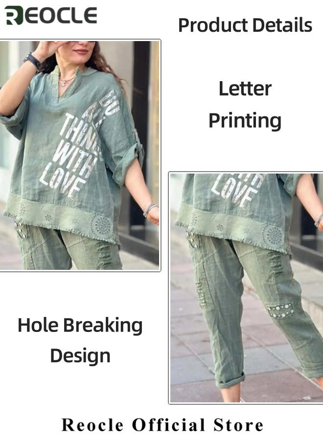 ريوكل طقم ملابس استرخاء نسائي تيشيرت بنصف أكمام وياقة على شكل حرف V مع طباعة حروف طقم بنطلون مكون من قطعتين ملابس رياضية واسعة، ملابس استرخاء للسيدات طقم بدلة رياضية - Image 4