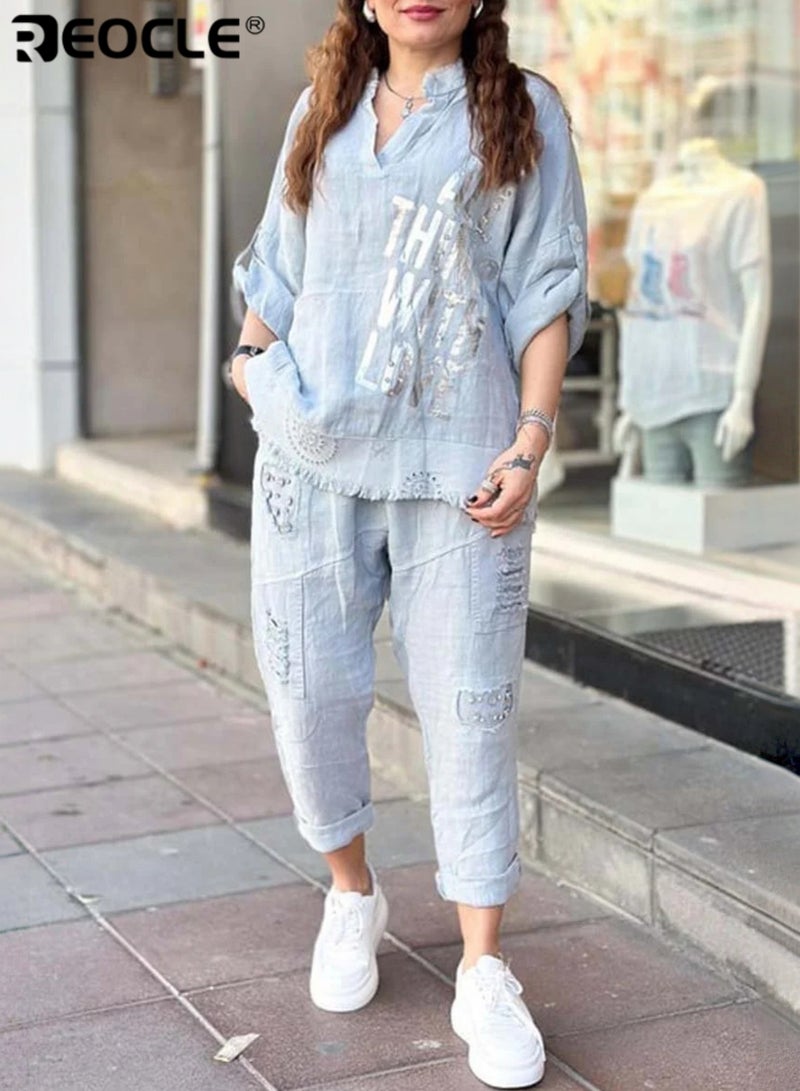 ريوكل طقم ملابس استرخاء نسائي تيشيرت بنصف أكمام وياقة على شكل حرف V مع طباعة حروف طقم بنطلون مكون من قطعتين ملابس رياضية واسعة، ملابس استرخاء للسيدات طقم بدلة رياضية - Image 1