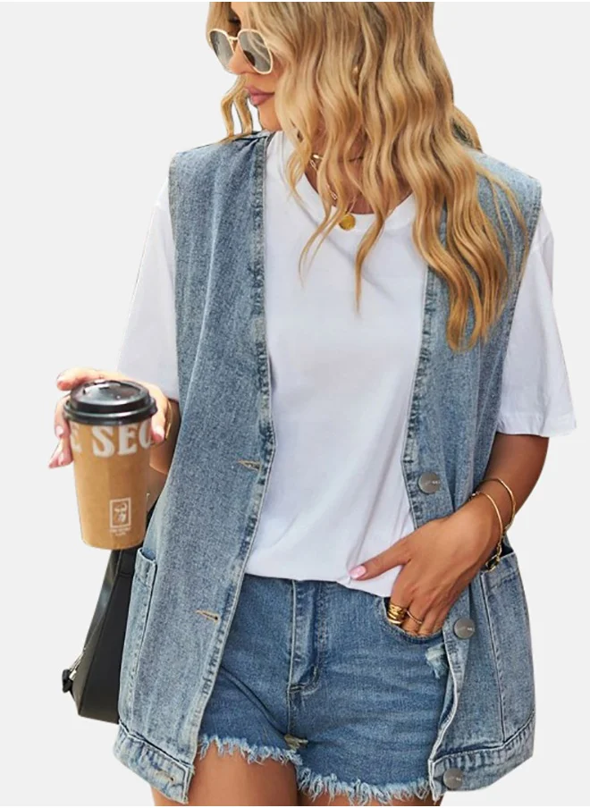 YUNIQEE Blue Open front Sleeveless Denim Jacket