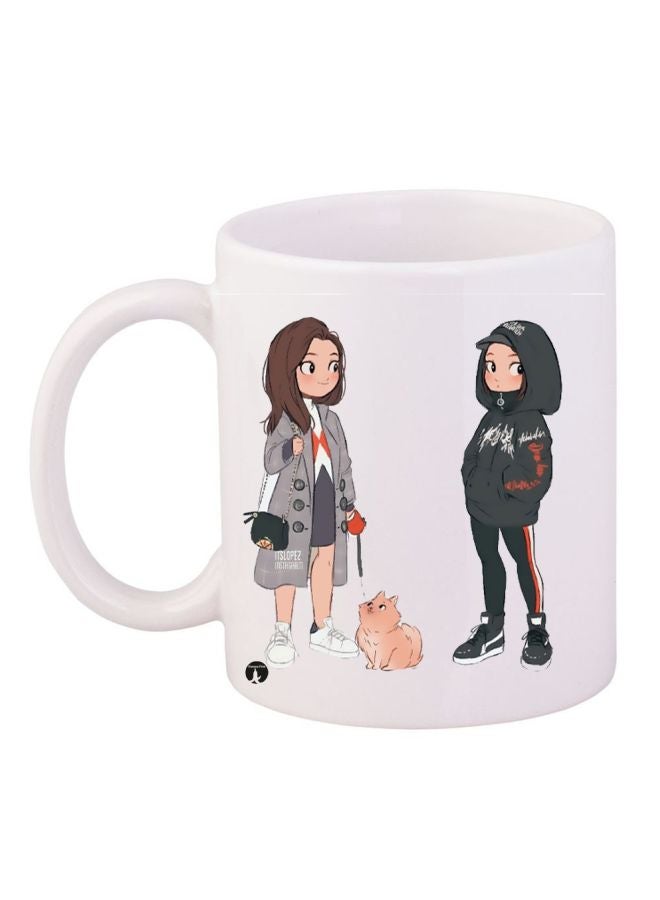 Cartoon Girl Printed Coffee Mug White/Black/Beige 11ounce