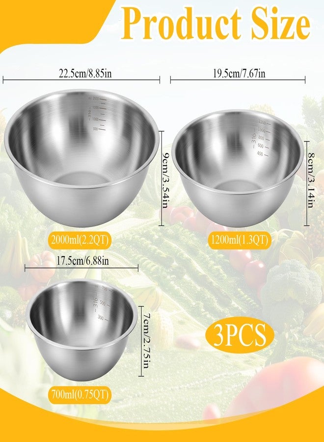 Zyghjort 3 Packs Stainless Steel Mixing Bowls with Measurement Marks, Thicker Stainless Steel Flat Bottom Mixing Bowls Set, Stackable Salad Bowl for Cooking, Baking, Salad, Vegetables - Image 2