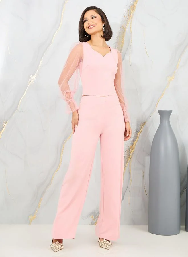Styli Dobby Mesh Sleeves Blouse and Tailored Pant Set