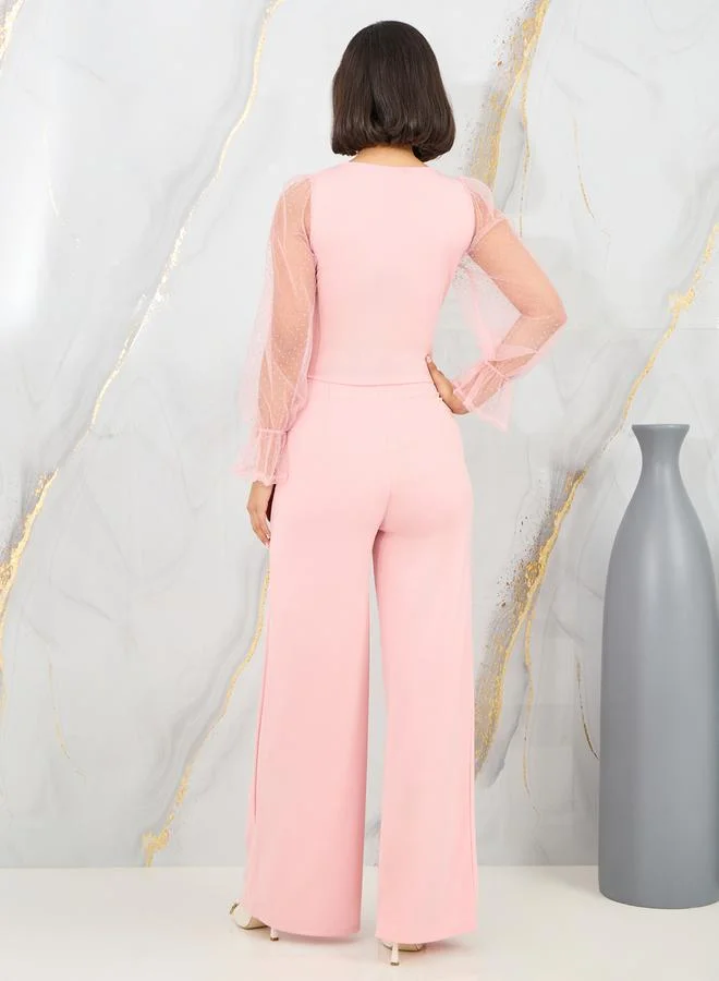 Styli Dobby Mesh Sleeves Blouse and Tailored Pant Set