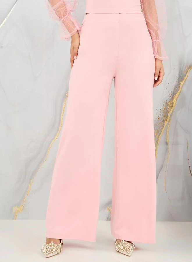 Styli Dobby Mesh Sleeves Blouse and Tailored Pant Set