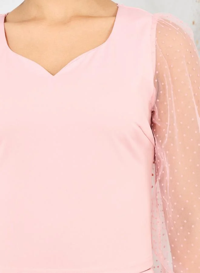 Styli Dobby Mesh Sleeves Blouse and Tailored Pant Set