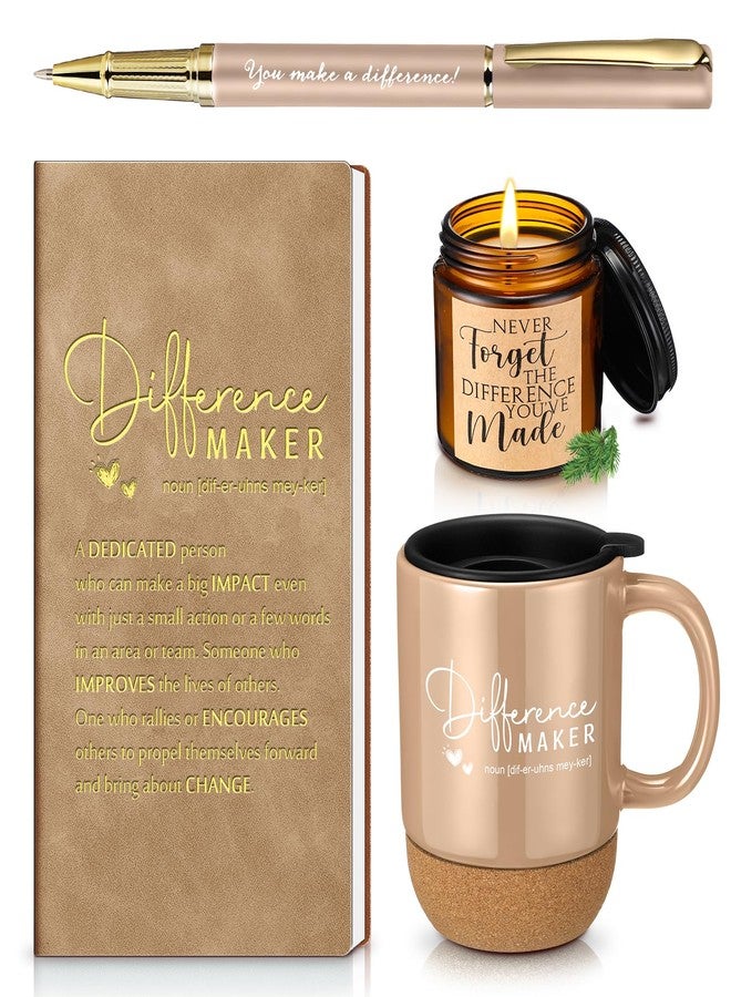 Vesici 4 Pcs Difference Maker Gift for Women Men Teacher Employee Appreciation Gift for Coworker Staff Coach Difference Maker Mug Notebook Scented Candle Motivational Ballpoint Pen for Valentines(Brown) - Image 1