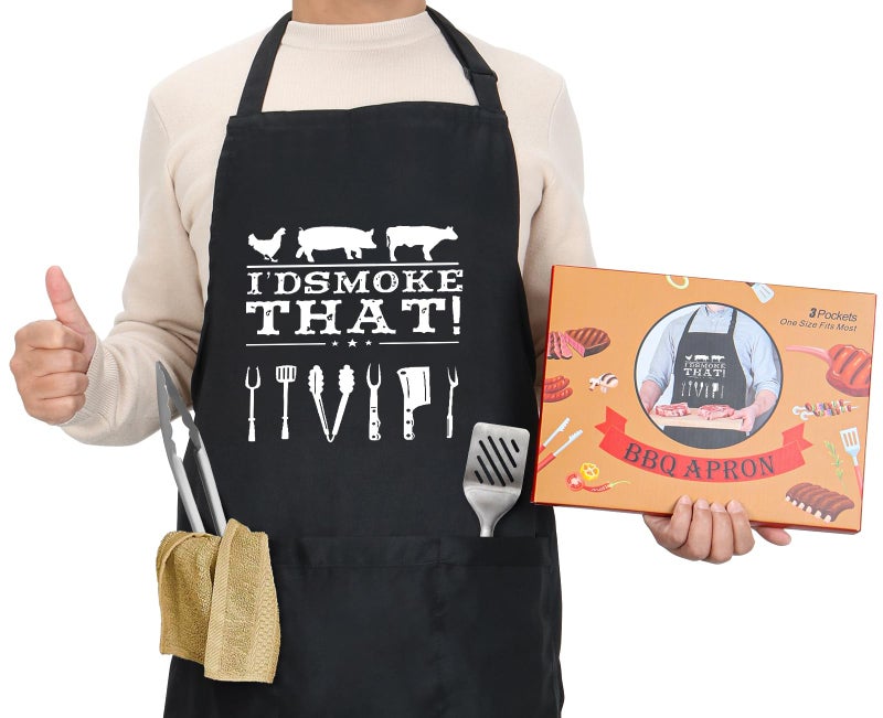 YuanDe Funny Apron for Dad  ID Smoke That  Fathers Day BBQ Gift for Men  One Size Fits Most  Black Cooking Apron with 3 Pockets for Husband Boyfriend